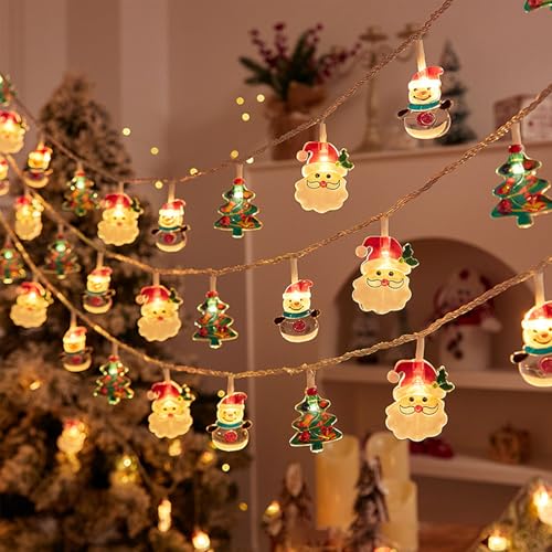 ENLACE Catena di luci a LED, 1,5 m, 10 luci con Babbo Natale, abete e pupazzo di neve, funzionamento a batteria
