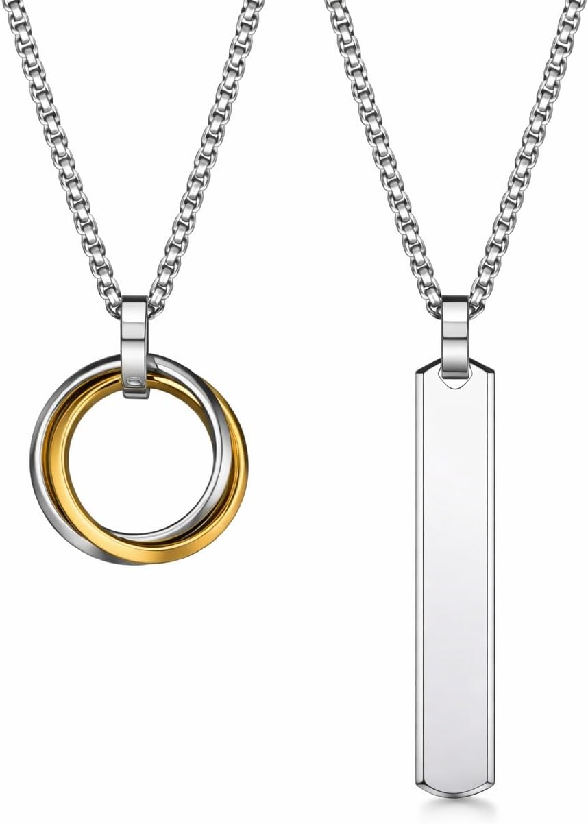 Silver Chain for Man, Gold Three Ring with Rectangle Bar Necklace for Men, Stylish Neck Chain for Boys, Anime Accessories, Locket for Men, Fashion Jewelry