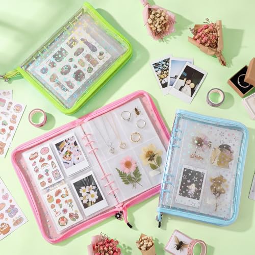 Image of Feifeiya 3 Pack 3 in 1 Sticker Storage Organizer Binder A5 Reusable Sticker Collecting Book Album Holder with Zipper Cards Keeper with 140 Pockets (Pink Blue Green)