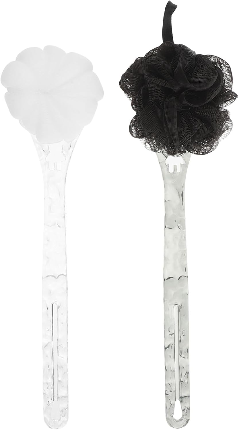 2pcs Body Scrub Brush for Shower with Dual-Sided Loofah, Exfoliating Back Scrubber with Long Handle, Black and White Bath Brush for Men’s Skin Care