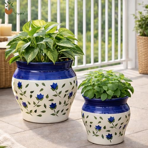 Image of Niyara Blue Leaf Print Ceramic Planter Pot | Decorative Indoor & Outdoor Plant Pot for Home & Office Decor (Set of 2)
