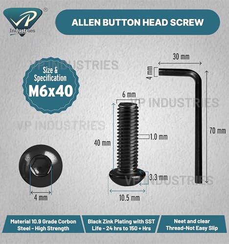 Image of By inchVP INDUSTRIES inch (Pcs-25) M6x40 mm Allen Button Head Cap Screw Black Zinc Plated High Tensile | Round Head Screw for Modular Furniture, Wooden Work, Electrical Fittings, DIY & Industrial Use