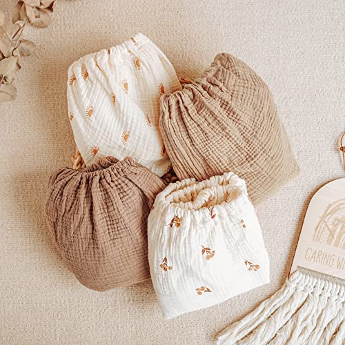 Image of Konssy Muslin Bassinet Sheets for Baby Girl Boy, 2 Pack Soft Breathable Baby Bassinet Mattress Sheets Fit for Hourglass Oval Cradle, Moses Basket Rectangle Mattress (Camel, Sun)