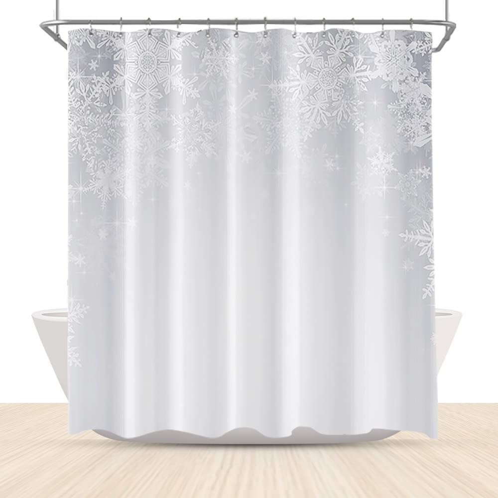 LFEEY Winter Holiday Shower Curtain Christmas Theme White Sparkle Snowflakes Bathroom Curtain 72x72 Inch Polyester Fabric Waterproof with Hooks