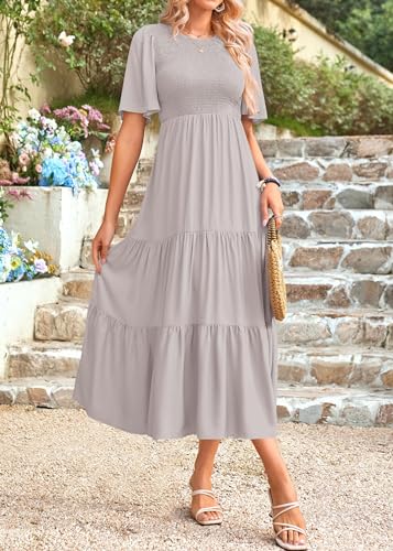 Image of KIRUNDO Summer Dresses for Women 2026 Spring Casual Flutter Short Sleeve Wedding Guest Smocked Flowy Tiered Aline Midi Dress