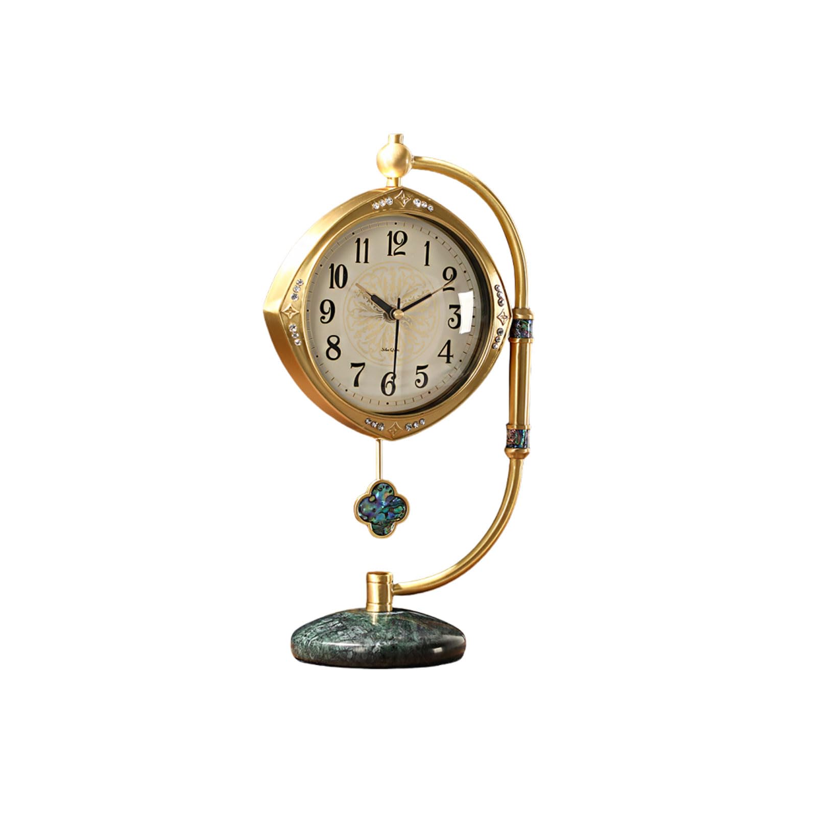 Luxuriöse Kaminuhr aus Messing - Leise Tischuhr mit Marmorsockel & Perlmutt-Inlay, Vintage Mechanisches Uhrwerk, Elegante Wohnkultur für Wohnzimmer