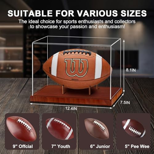 Football Display Case, Acrylic Football Case Clear, UV Protected Display Case with Solid Wood Base Stand for Full Size Signed Football Holder, Football Display Box for Football Fans & Collectors