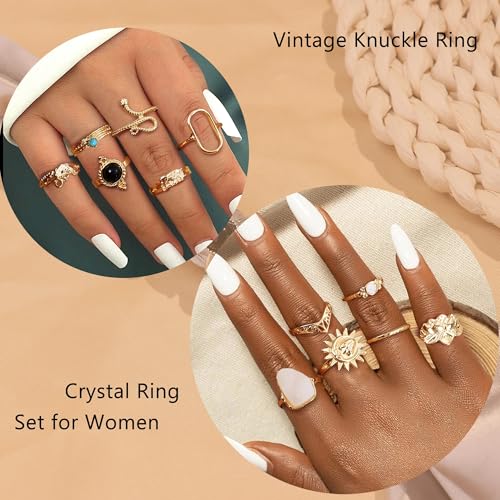 Subiceto 70 Pcs Vintage Crystal Ring Set Knuckle Rings for Women Bohemian Stackable Joint Rings Retro Boho Stacking Joint Finger Rings Pack 14K Gold Plated - Image 8