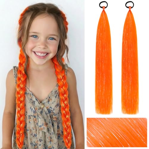 Orange Ponytail Extension with Tinsel 2 Pack Braid Hair Extensions for Women Girls Easy to Put on Colorful Synthetic Ponytail Extension with Elastic Tie for Daily Cosplay & Dress Up Party 26 Inch