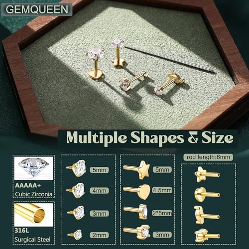 Reversible Flat Back Earrings Studs Hypoallergenic - 14K Gold Filled Surgical Steel Earring 18G Cartilage Helix Tragus Conch Piercing Jewelry Extended Internal Thread Earrings for Women Men2