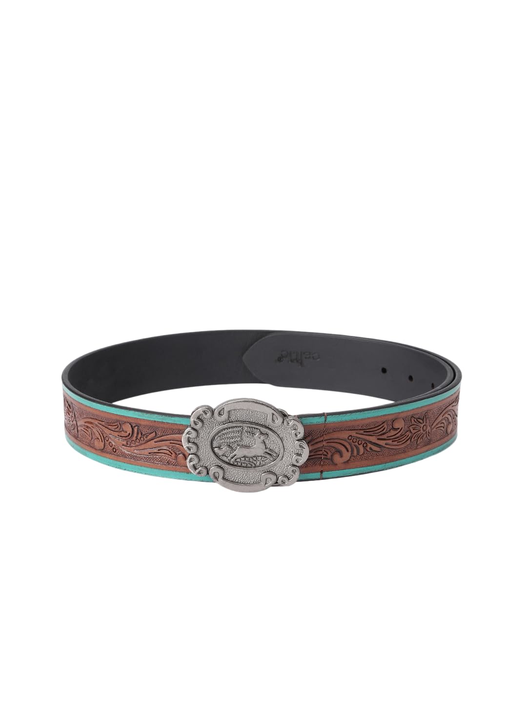 Unisex Genuine Leather Embossed Floral Brown Teal Western Waist Accessory Antique Buckle-image-40