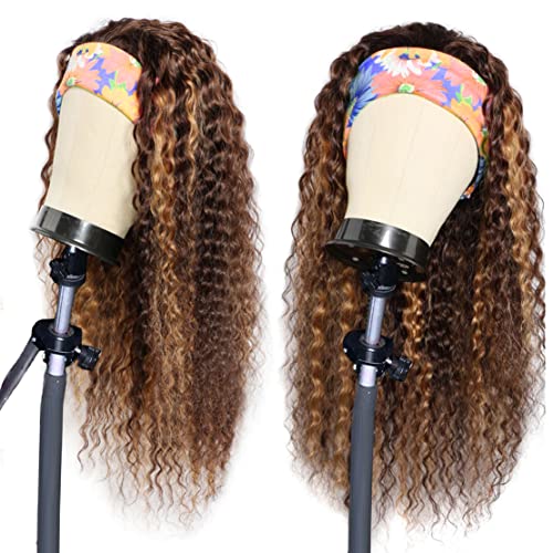 Image of Celiarita Highlight Ombre Headband Wig Deep Wave Human Hair Wigs #4 /27 Glueless 150% Density None Lace Front Machine Made Brazilian Virgin Deep Curly Human Hair Half Wigs for Black Women 12 Inch