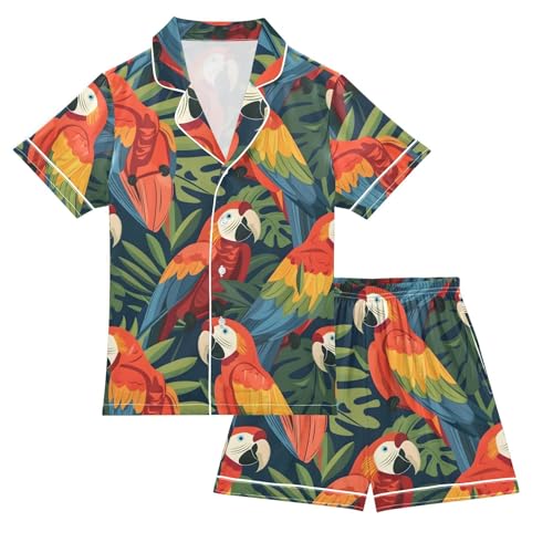 ALAZA Bird Palm Leaves Pajamas Satin Pajama Set Short Sleeve Button Down Sleepwear