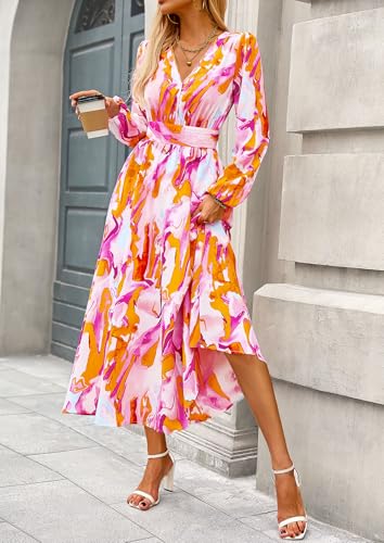PRETTYGARDEN Women's Floral Midi Dress Casual Fall V Neck Long Sleeve Flowy Spring Beach Wedding Guest Vacation Dresses