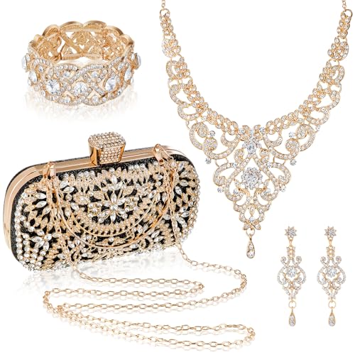 Quelay 4 Pcs Rhinestone Jewelry Set Clutch Bag, Gold, Black, Vintage Style