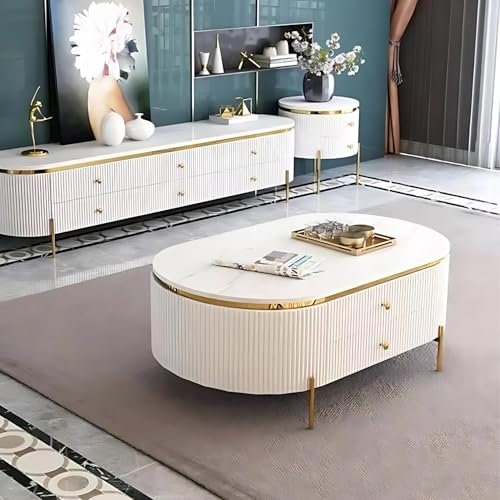 Image of Tesla Centre Table, White Marble Top with Gold Trim, Oval Modern Coffee Table with 2 Drawer Storage, Waterproof Plywood Base, PVD Metal Legs, for Living Room (White)