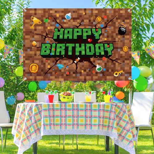 Image of Pixel Happy Birthday Backdrop, 47x32in /120x80cm Pixel Theme Party Decorations Video Game Banner Backdrop for Gaming Birthday Decor