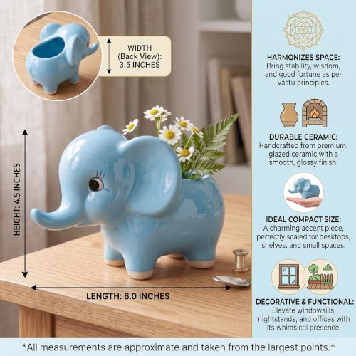 Image of Ceramic Elephant Shape Flower Vase & Succulent Planter (6-inch) | Cute Elephant Pot for Home Decor, Living Room, Office Desk & Gifting | Water-Resistant Vase for Natural Flowers (2, Sky Blue)