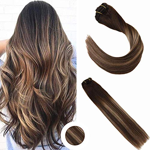 16 inch Balayage Remy Clip in Hair Extensions Multi-colored Brown #2 Ombre Color Blonde 27 and Brown Color #2 Clip in Extensions Human Hair 120 Gram 7 Pieces