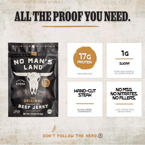 Image of No Mans Land Slow-Dried Beef Jerky | Smoked & Seasoned Jerky Strips | High Protein, Low Carb Beef Snack | Gluten Free - MILD (2.5oz)