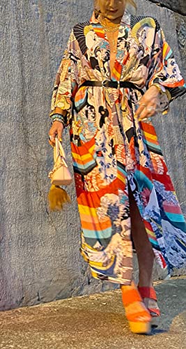 RanRui kimonos women‘s floral print plus size swimsuit cover ups fast dry long sleeve Loose open front bathing suit cover ups even kimonos robe dusters beach cover up with belt (281)3