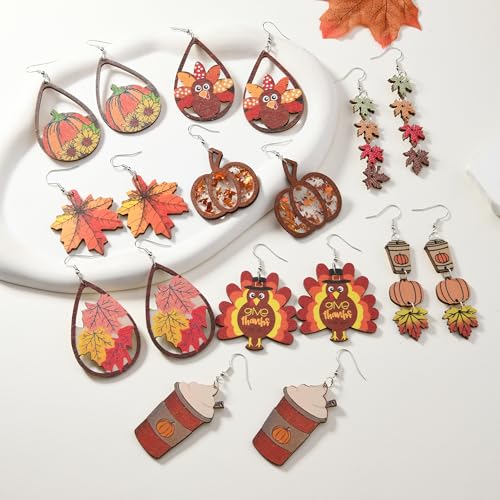 18 PCS Thanksgiving Fall Earrings for Women Autumn Earrings Pumpkin Maple Leaf Turkey Wooden Dangle Earring Holiday Jewelry3