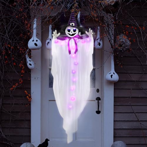WeDoSoy Fantasma Animatrônico De Halloween De 140 Cm Com Chapéu De Bruxa, Luzes De Led, Ativado Por Som E Braços Que Se Mexem - Perfeito Para Decoração De Casa Assombrada De Halloween, Exibição