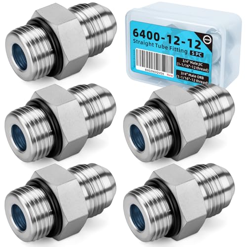 Image of Straight Hydraulic Hose Adapter Fittings, 6400-12-12 3 /4 inch JIC (1 1 /16 inch-12 thread) x 3 /4 inch ORB (1 1 /16 inch-12 thread) Male Connectors x 5 pack