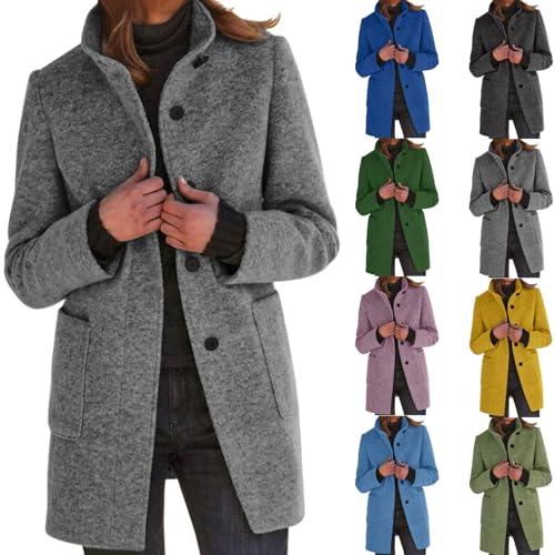 Generisch wintermantel damen lang Wollmantel Winter Warm Wintermantel Mittellanger Elegantes Mantel Winddichter Übergangsmantel Einfarbig Damenmantel mit Kragen und Knöpfen...