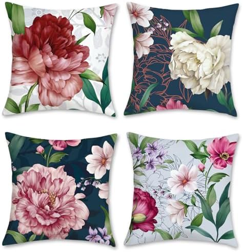 Bonhause Fundas de Cojín Flores de Peonía Rosa 45 x 45 cm Funda de Almohada Terciopelo Suave Cojines Decorativos para Sofá Cama Hogar Exterior Juego de 4