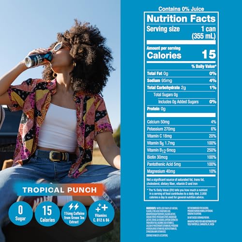 Image of Yesly Energy Drink, Tropical Punch, Naturally Flavored Sparkling Energy Drink With Electrolytes, Magnesium, Potassium, Vitamin C, B6 & B12, Natural Caffeine From Green Tea, 12 Fl Oz Cans, 12 Pack