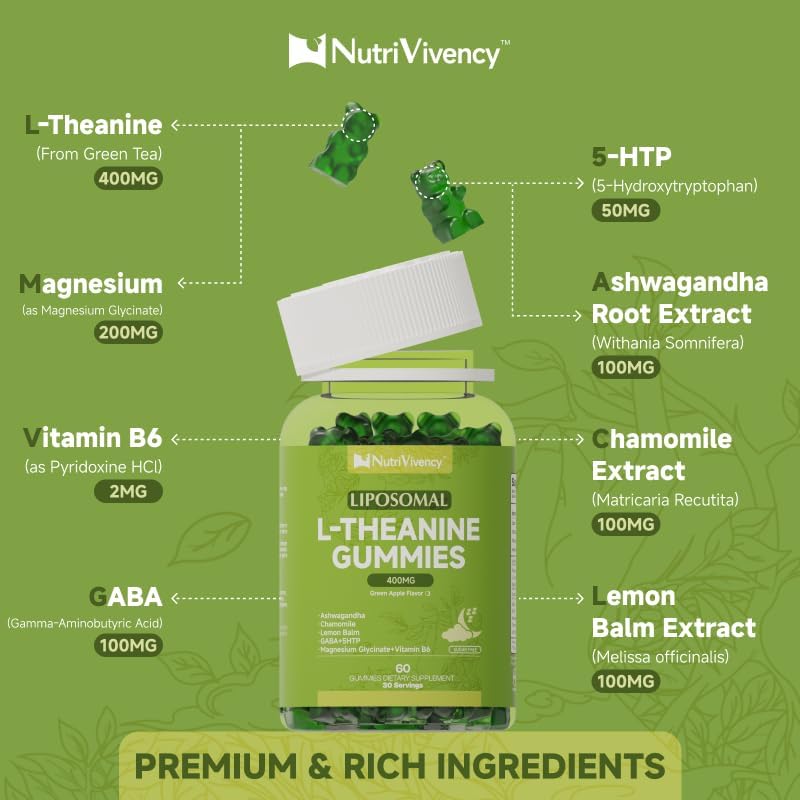 Liposomal L-Theanine Gummies, Sugar Free L Theanine 400mg Gummies Supplement for Adults & Kids, l'theanine Chewable for Relax & Improved Focus, Enhanced Absorption, Vegan, Green Apple Flavor, 60 Count - Image 4