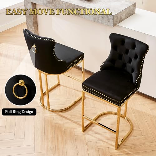 Image of UVV Counter Height Bar Stools Set of 4, 26 inch Modern Barstools with Back, Velvet Upholstery Counter Chairs with Metal Legs for Kitchen Island, Bar, Counter, Black