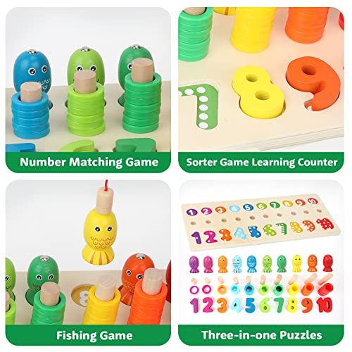 Sendida Montessori Toys Number Puzzle - Wood Math Shape Puzzle Fishing Game Color Sorting Preschool Stacking Blocks for Toddler Puzzles Toys Learning Math Number Toy for 2 3 4 5 Years Old