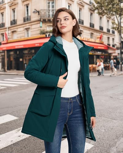 33,000ft Damen Wintermantel Lange Warme Winterjacke Parka Regenjacke Verdickene Funktionsjacke Mit Kapuze Übergangsjacke Outdoorjacke, Petrol XS