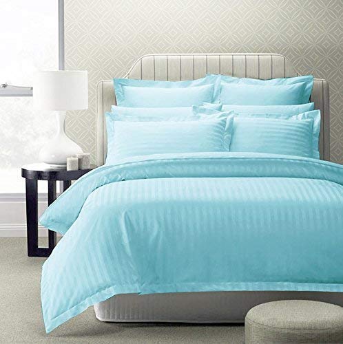 Image of 300 TC Glace Cotton Plain Stripe Queen Size Single Bedsheet with 1 Pillow Cover for Home, Hotel, Guest Room (60 X 90) Inch Light Blue Pack 1