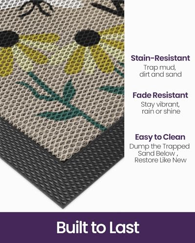 DEXI Front Door Mat Outside Entrance Welcome, Summer Froral Entryway Doormat Dirt Trapper, Heavy Duty Non Slip Entry Mats for Patio Garage Porch Home Decorative, 17x30, Bee and Flower