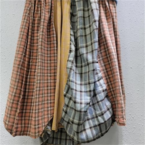Women Denim Skirt Patchwork Contrast Color Plaid Print Split Buttons A-Line High Waist Long Skirts2