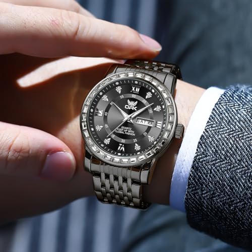 Image of OPK Watches for Men Diamond Roman Analog Mens Watches Waterproof Large Stainless Steel Men Wrist Watch Business Father Gift Watch Blue