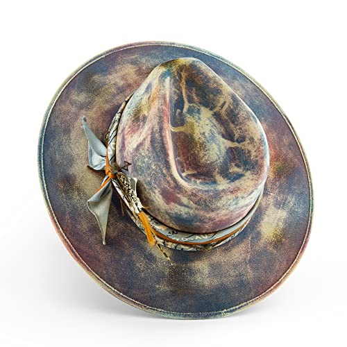 Image of RUEDIGER Wide Brim Fedora Hats for Men Women 100% Wool Felt Panama Rancher Hat with Lightning Logo Distressed /Burned Handmade
