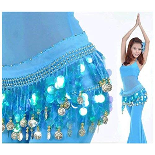 Image of VRITRAZ Women's Chiffon Belly Dance Hip Scarf Waistband Belt Skirt Mixed Colors Beads and Golded Coins 56 Black