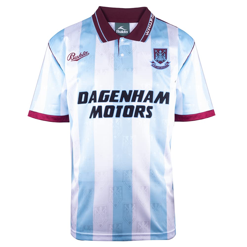 Score Draw West Ham United 1992 Away Retro Football Shirt Sky/White Small Polyester