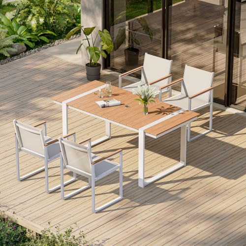 Image of Outdoor Dining Set, 5 Piece Aluminum Patio Furniture Set | Weather Resistant Outdoor Table and Chairs, HDPS Tabletop with Umbrella Hole, Textilene Mesh Chairs