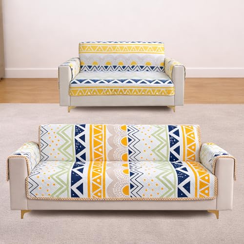 Image of Homerz Premium 5(3+2) Seater Quilted Reversible Sofa Cover Mat with Pocket Arms | Polyester Blend 350 GSM Full Coverage & Back Belt for Stability (Sylvara, 5(3+2) Seater)