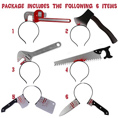 6PCS Halloween Costume Scary Weapon Headbands, Horror Photo Props Rubber Plastic Knife Axe Cleaver Scissor Headbands Through Head Zombie Accessories Makeup