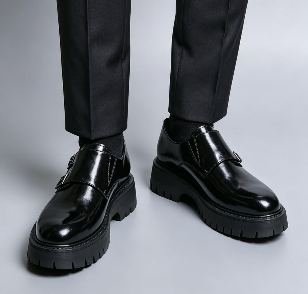 Zapatos de Doble Hebilla para Hombre en Piel PU Mocasines Monk Strap con Suola Gruesa Track, Zapatos de Vestir Casual Elegante para Trabajo Oficina Boda