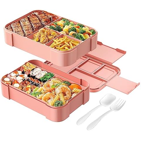 Cherrysea Stackable Bento Box Large Adult Lunch Container 6 Compartments Leakproof Kids Toddler Bento Lunch Box for School, All in One Pink Lunch Box with Adjust Divider for Office, Picnic - 1500ML Cover