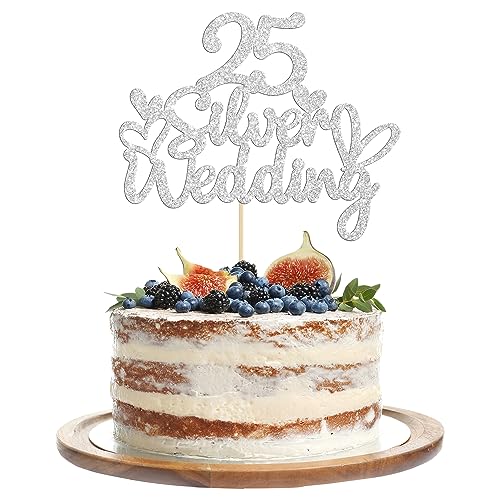 Gyufise 1Pcs 25th Wedding Anniversary Cake Toppers Silver Glitter 25th Wedding Anniversary Heart Cake Decoration for Celebration Party Supplies