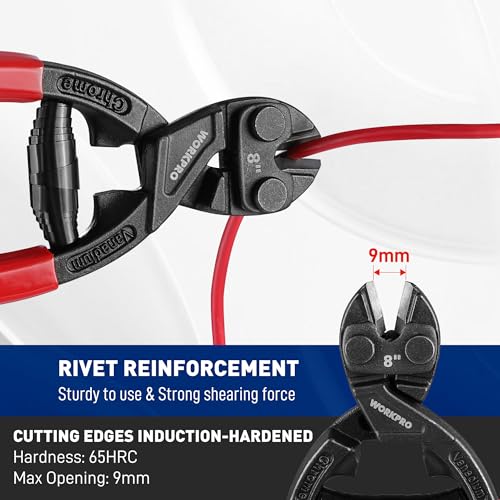 WORKPRO Compact Bolt Cutter 200 mm with Spring, Cr-V Heavy Duty Small Wire Cable with Ergonomic Rubber Grip - Image 3
