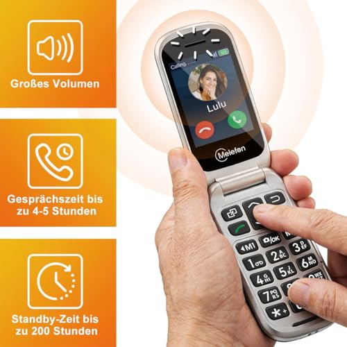 Melefon 4G Flip Handy für ältere Menschen, Telefon mit großer Taste, lauter Lautstärke, 2,4+1,44 Zoll Bildschirm, SIM frei freigeschaltet, SOS Taste, USB Typ C, Ladestation
